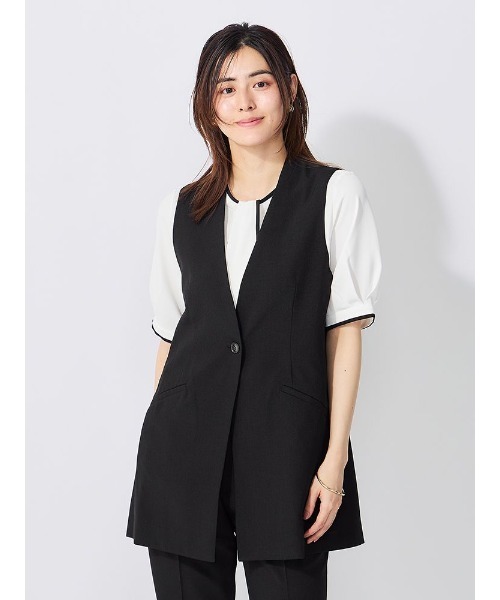Perfect Suit FActory(パーフェクトスーツファクトリー)の「リネンライク【ボーテ・シルエット】ジレ ブラック/ネイビー/ブラウン(ビジネスシャツ・レディース・ブラック・S/M/L)」の1枚目の写真