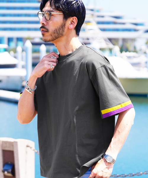 jiggys shop(ジギーズショップ)の「袖ライン アクセントスリーブ コットン 半袖Tシャツ カットソー(Tシャツ/カットソー・メンズ・チャコールグレー/ブラック・X-LARGE/LARGE/MEDIUM)」の3枚目の写真