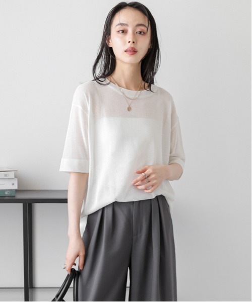 La-gemme(ラジェム)の「【日本製】サマーニットプルオーバー(Tシャツ/カットソー・レディース・ホワイト/ベージュ/スモークピンク/ブラック・フリー)」の1枚目の写真