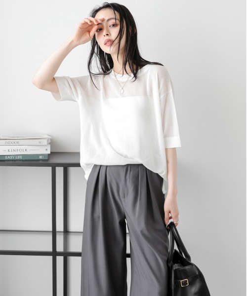 La-gemme(ラジェム)の「【日本製】サマーニットプルオーバー(Tシャツ/カットソー・レディース・ホワイト/ベージュ/スモークピンク/ブラック・フリー)」の7枚目の写真