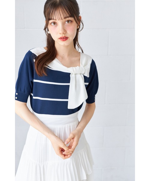 ZOZO限定】袖パールアシンメトリーリボンニットトップス（ニット