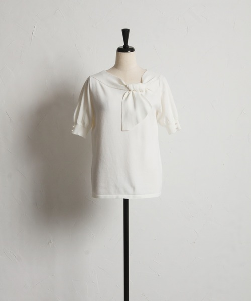 tocco closet(トッコ クローゼット)の「【ZOZO限定】袖パールアシンメトリーリボンニットトップス(ニット/セーター・レディース・オフホワイト/ネイビー/ホワイト×ブラック/その他/ピンク/ブルー・M)」の18枚目の写真