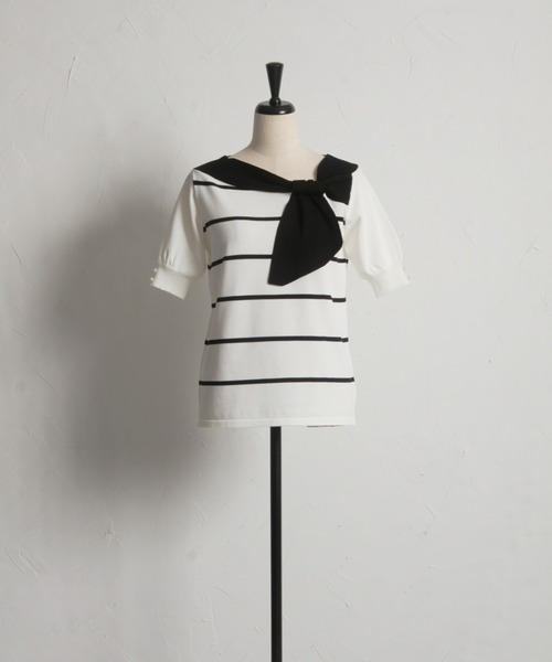 tocco closet(トッコ クローゼット)の「【ZOZO限定】袖パールアシンメトリーリボンニットトップス(ニット/セーター・レディース・オフホワイト/ネイビー/ホワイト×ブラック/その他/ピンク/ブルー・M)」の13枚目の写真