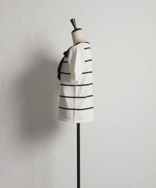tocco closet(トッコ クローゼット)の「【ZOZO限定】袖パールアシンメトリーリボンニットトップス(ニット/セーター・レディース・オフホワイト/ネイビー/ホワイト×ブラック/その他/ピンク/ブルー・M)」の12枚目の写真
