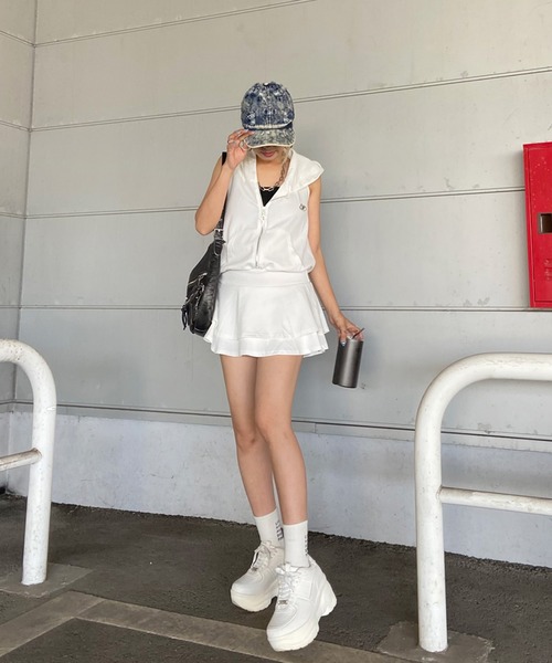シルバー ノースリーブ ミニワンピース セール】シルバープレートノースリーブフードミニワンピース