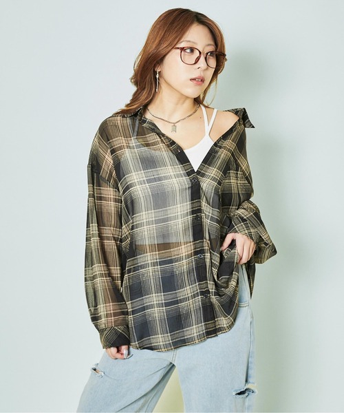 GORGE(ゴージ)の「《シアーチェック×ゆるシルエット》抜け感シャツ(シャツ/ブラウス・レディース・ベージュ/ブラック/オフホワイト・F)」の2枚目の写真