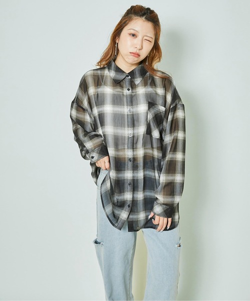 GORGE(ゴージ)の「《シアーチェック×ゆるシルエット》抜け感シャツ(シャツ/ブラウス・レディース・ベージュ/ブラック/オフホワイト・F)」の8枚目の写真