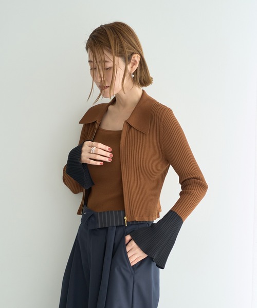 YECCA VECCA（イェッカヴェッカ）の「【2点SET】キャミセット襟付きZIPカーディガン（カーディガン/ボレロ・レディース・キャメル/アイボリー/ブラック・FREE）」の9枚目の写真