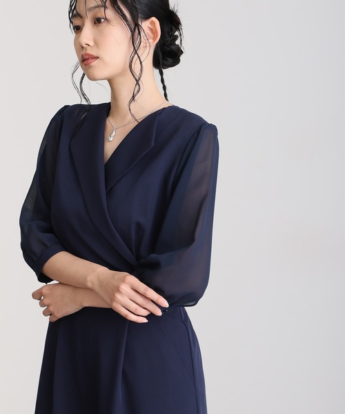 結婚式二次会パーティードレス七分袖とミモレ丈オープンカラー