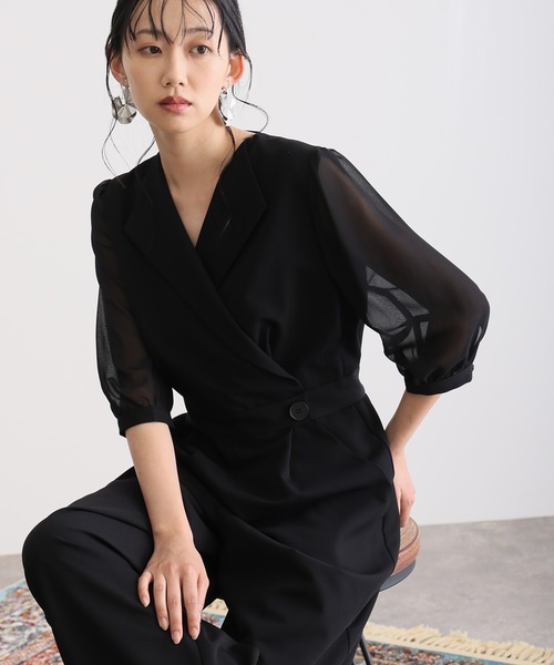 atlo（アトロ）の「結婚式 二次会 パンツドレス 七分袖 と ミモレ丈 オープンカラー オールインワン シースルー 大きいサイズ フォーマル オケージョンドレス お呼ばれ 同窓会 成人式 （パンツドレス・レディース・ブラック/ネイビー/チャコール・M/XL/XXL/L）」の6枚目の写真
