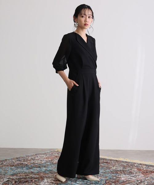 結婚式二次会パーティードレス七分袖とミモレ丈オープンカラー