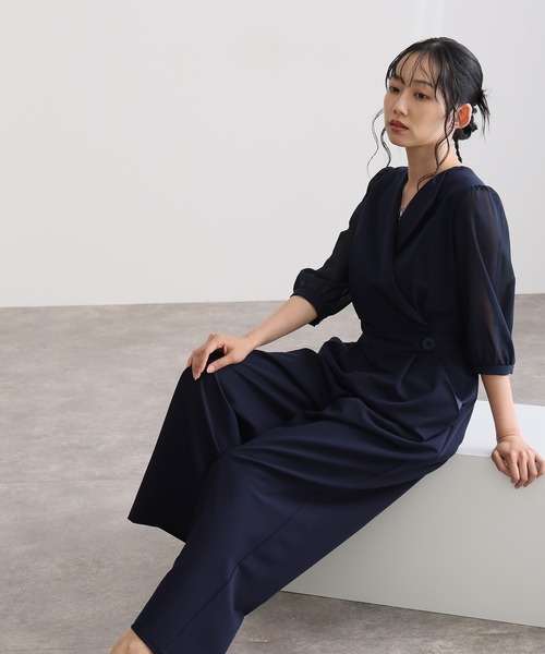atlo（アトロ）の「結婚式 二次会 パンツドレス 七分袖 と ミモレ丈 オープンカラー オールインワン シースルー 大きいサイズ フォーマル オケージョンドレス お呼ばれ 同窓会 成人式 （パンツドレス・レディース・ブラック/ネイビー/チャコール・M/XL/XXL/L）」の9枚目の写真