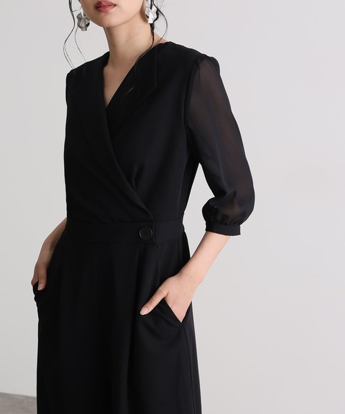 結婚式二次会パーティードレス七分袖とミモレ丈オープンカラー