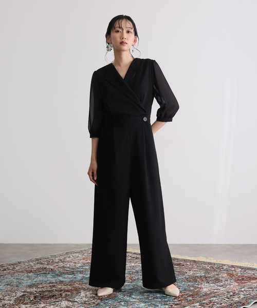 結婚式二次会パーティードレス七分袖とミモレ丈オープンカラー