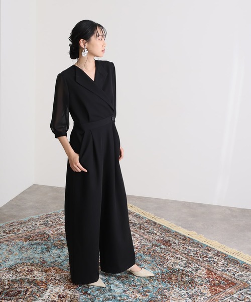 結婚式二次会パーティードレス七分袖とミモレ丈オープンカラー