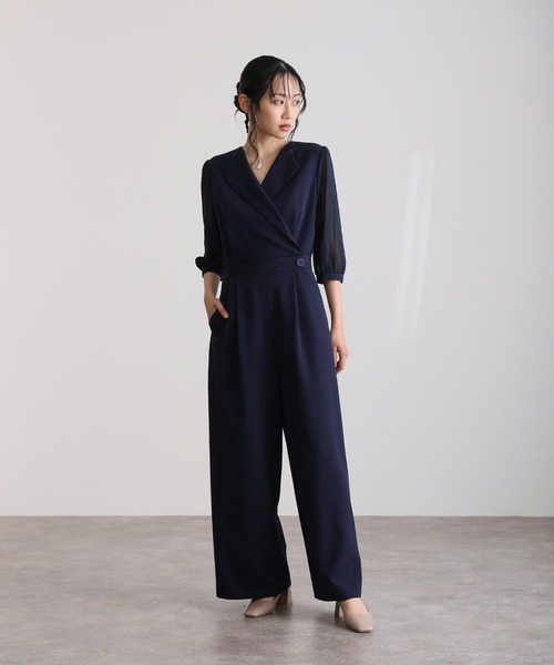 結婚式二次会パーティードレス七分袖とミモレ丈オープンカラー