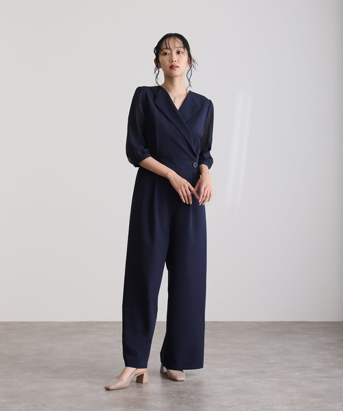 結婚式二次会パーティードレス七分袖とミモレ丈オープンカラー