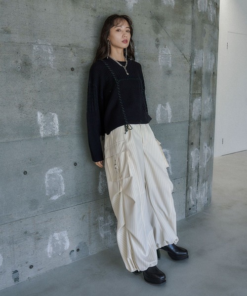 HARE(ハレ)の「パッチワークショートニットプルオーバー(HARE)(ニット/セーター・レディース・オレンジ/ブラック/オフホワイト・FREE)」の4枚目の写真