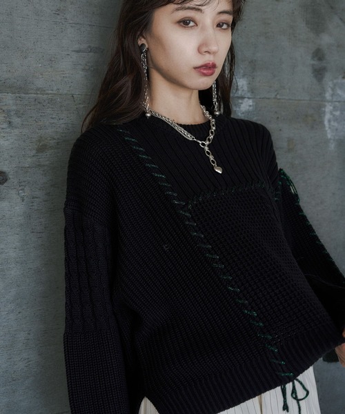 HARE(ハレ)の「パッチワークショートニットプルオーバー(HARE)(ニット/セーター・レディース・オレンジ/ブラック/オフホワイト・FREE)」の7枚目の写真