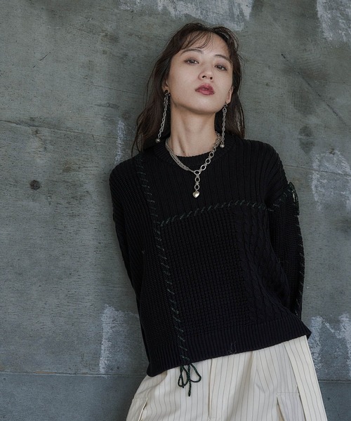 HARE(ハレ)の「パッチワークショートニットプルオーバー(HARE)(ニット/セーター・レディース・オレンジ/ブラック/オフホワイト・FREE)」の6枚目の写真