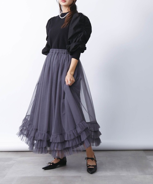 PICCIN PERLA(ピッチンペルラ)の「フリルチュールスカート(スカート・レディース・グレー/ブラック・M)」の16枚目の写真