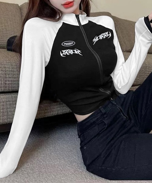 Miniministore(ミニミニストア)の「ロゴジップアップ クロップドトップス長袖(Tシャツ/カットソー・レディース・ブラック×グレー/ホワイト×ブラック・FREE)」の10枚目の写真