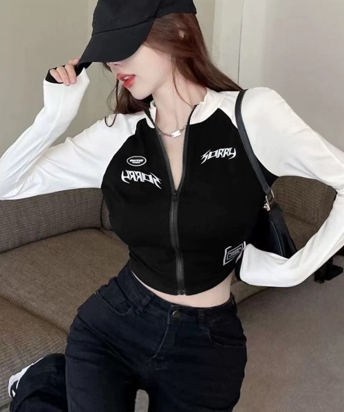 Miniministore(ミニミニストア)の「ロゴジップアップ クロップドトップス長袖(Tシャツ/カットソー・レディース・ブラック×グレー/ホワイト×ブラック・FREE)」の11枚目の写真