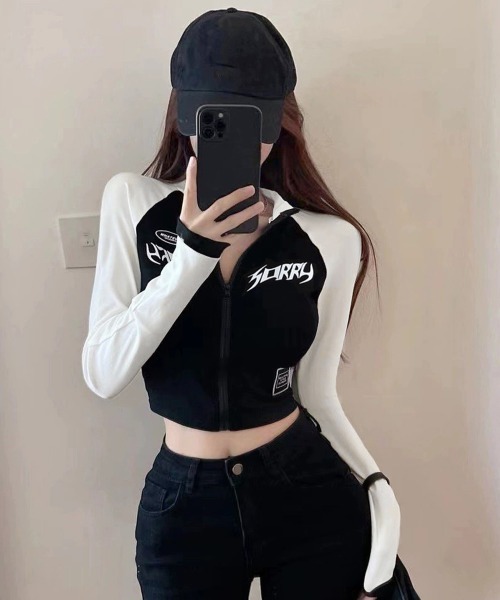 Miniministore(ミニミニストア)の「ロゴジップアップ クロップドトップス長袖(Tシャツ/カットソー・レディース・ブラック×グレー/ホワイト×ブラック・FREE)」の12枚目の写真