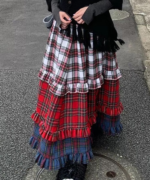 セール】Nia(ニア)/チェック柄レイヤード パッチワークロングスカート