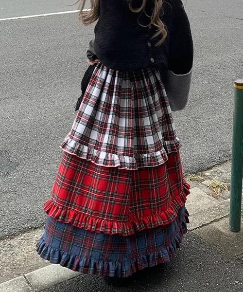 Nia(ニア)/チェック柄レイヤード パッチワークロングスカート