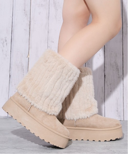 セール】《厚底×ファー切替》レディース フェイクムートンブーツ
