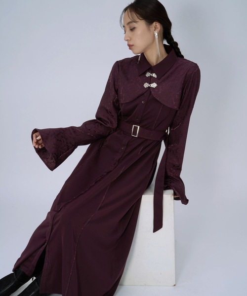 HARE 異素材切り替えワンピース　チャイナテイスト　ジャガード　ボルドー ジャガードチャイナボレロワンピース(HARE)（ワンピース）｜HARE（ハレ