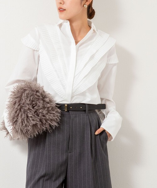 美品　マリリーンムーン　マクラメエンブロイダリータックプリーツブラウス　ホワイト セール】マクラメエンブロイダリータックプリーツブラウス（シャツ