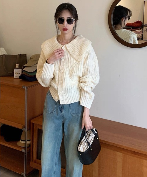 shopnikoniko（ショップニコニコ）の「ビッグカラー ショート丈 ニットカーディガン（カーディガン/ボレロ・レディース・ベージュ/ホワイト・フリー）」の4枚目の写真