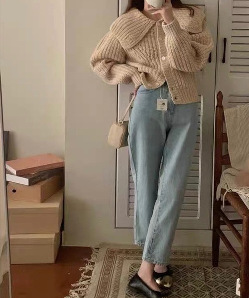 shopnikoniko（ショップニコニコ）の「ビッグカラー ショート丈 ニットカーディガン（カーディガン/ボレロ・レディース・ベージュ/ホワイト・フリー）」の6枚目の写真