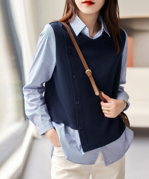 ONEP STAR(ワンピスター)の「ベスト風×ストライプ柄レイヤードシャツ(シャツ/ブラウス・レディース・ネイビー・MEDIUM/LARGE/X-LARGE)」の2枚目の写真