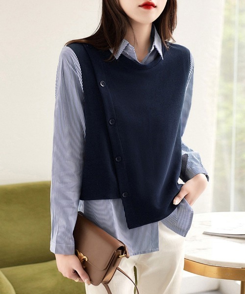 ONEP STAR(ワンピスター)の「ベスト風×ストライプ柄レイヤードシャツ(シャツ/ブラウス・レディース・ネイビー・MEDIUM/LARGE/X-LARGE)」の3枚目の写真