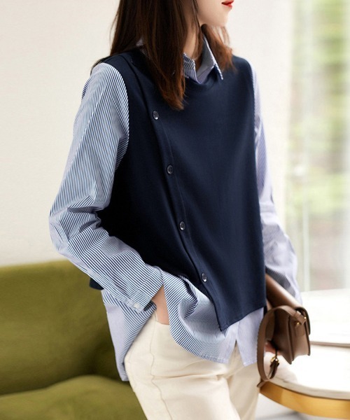 ONEP STAR(ワンピスター)の「ベスト風×ストライプ柄レイヤードシャツ(シャツ/ブラウス・レディース・ネイビー・MEDIUM/LARGE/X-LARGE)」の4枚目の写真