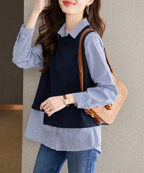 ONEP STAR(ワンピスター)の「ベスト風×ストライプ柄レイヤードシャツ(シャツ/ブラウス・レディース・ネイビー・MEDIUM/LARGE/X-LARGE)」の5枚目の写真