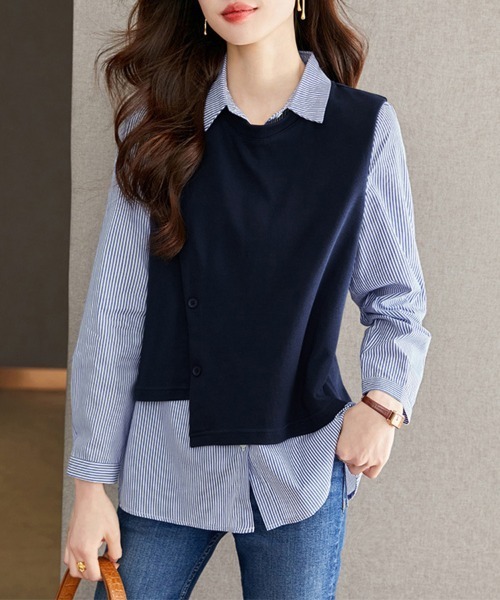ONEP STAR(ワンピスター)の「ベスト風×ストライプ柄レイヤードシャツ(シャツ/ブラウス・レディース・ネイビー・MEDIUM/LARGE/X-LARGE)」の6枚目の写真