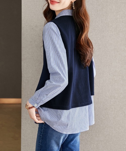 ONEP STAR(ワンピスター)の「ベスト風×ストライプ柄レイヤードシャツ(シャツ/ブラウス・レディース・ネイビー・MEDIUM/LARGE/X-LARGE)」の7枚目の写真