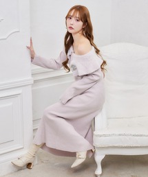 ブローチ付きニットロングワンピース