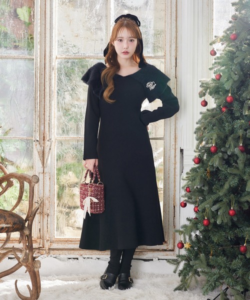 セール】ブローチ付きニットロングワンピース（ワンピース）｜one