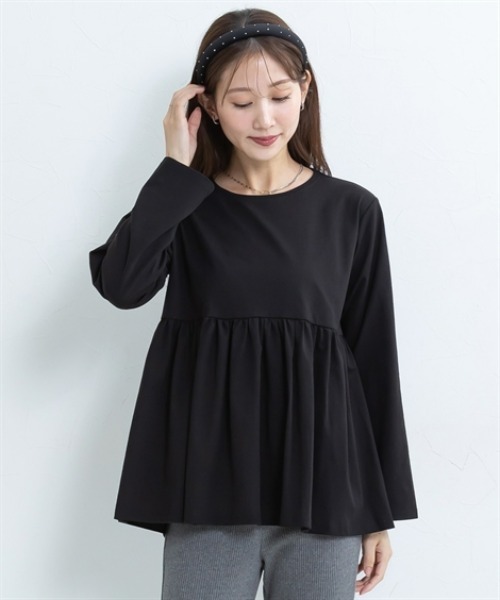 Petitjo（プッチージョ）の「小さいサイズ　【接触冷感・UVカット】ペプラム長袖Ｔシャツ　低身長さん・小柄女性（Tシャツ/カットソー・レディース・オフホワイト/ブラック・PL/PM/PS/PSS）」の2枚目の写真