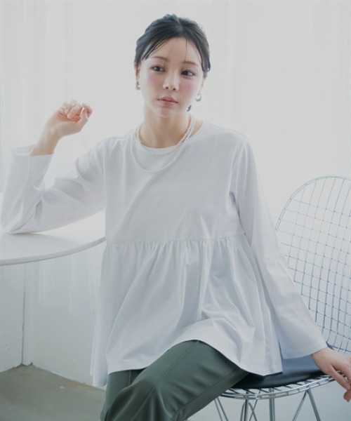 Petitjo（プッチージョ）の「小さいサイズ　【接触冷感・UVカット】ペプラム長袖Ｔシャツ　低身長さん・小柄女性（Tシャツ/カットソー・レディース・オフホワイト/ブラック・PL/PM/PS/PSS）」の4枚目の写真