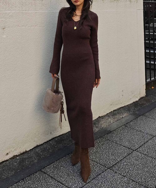 esutoreja（エストレジャ）の「Vネックリブニットワンピース（ワンピース・レディース・ブラウン/ベージュ/ブラック・FREE）」の6枚目の写真