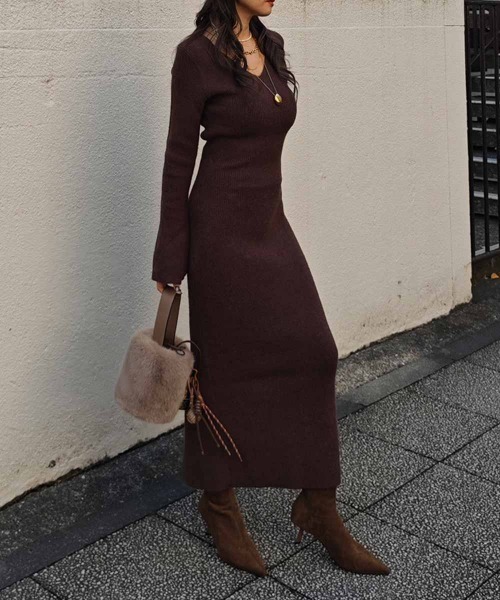 esutoreja（エストレジャ）の「Vネックリブニットワンピース（ワンピース・レディース・ブラウン/ベージュ/ブラック・FREE）」の7枚目の写真