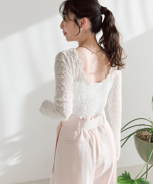 La boutique BonBon（ラブティックボンボン）の「レースストレッチ前後２WAYプルオーバー（Tシャツ/カットソー・レディース・オフホワイト/ブラック・FREE）」の6枚目の写真