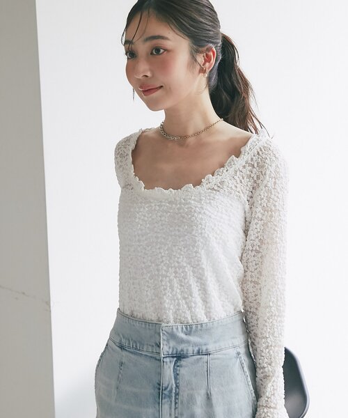 La boutique BonBon（ラブティックボンボン）の「レースストレッチ前後２WAYプルオーバー（Tシャツ/カットソー・レディース・オフホワイト/ブラック・FREE）」の10枚目の写真