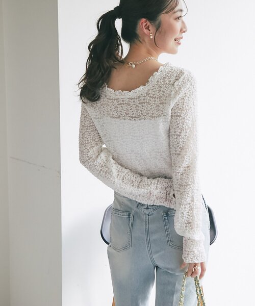 La boutique BonBon（ラブティックボンボン）の「レースストレッチ前後２WAYプルオーバー（Tシャツ/カットソー・レディース・オフホワイト/ブラック・FREE）」の12枚目の写真